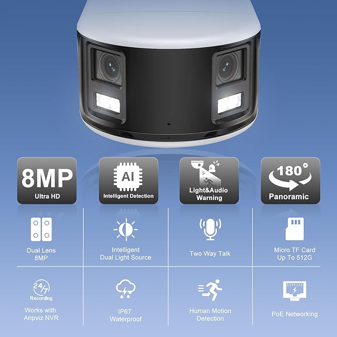 Anpviz 4K/8MP PoE 180 Degree IP Dual-Lens Security Camera Outdoor, 180° Panoramic Wide Angle Wired Bullet Camera with Human/Vehicle Detection, Two Way Talk, Built-in MicroSD Card Slot (H Series)