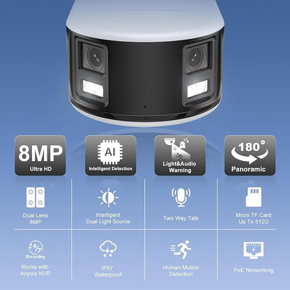 Anpviz 4K/8MP PoE 180 Degree IP Dual-Lens Security Camera Outdoor, 180° Panoramic Wide Angle Wired Bullet Camera with Human/Vehicle Detection, Two Way Talk, Built-in MicroSD Card Slot (H Series)