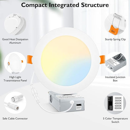 BesLowe 16 Packs 6 Inch 5CCT LED Recessed Ceiling Lights Ultra-Thin with Junction Box, 12W 150W Eqv, 3000K/3500K/4000K/5000K/6500K, 1200LM Dimmable Canless Downlights for Kitchen Hallway Dining Room