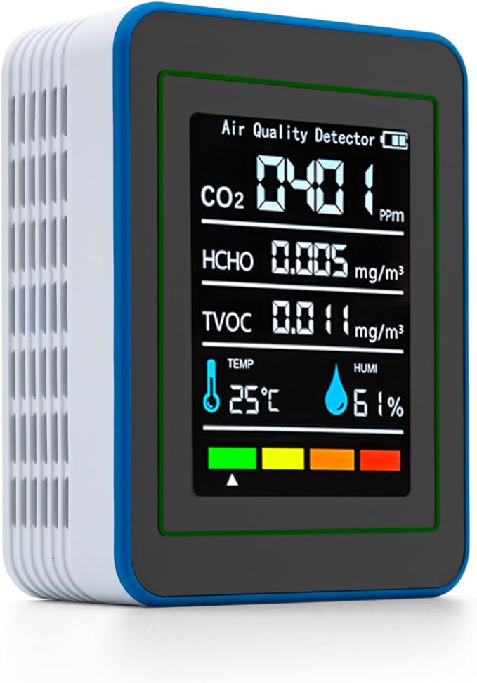 5-in-1 Air Quality Monitor Indoor, Professional Portable Detector & Accurate CO2, TVOC, HCHO, Humidity& Temperature Particle Counter, for Home, Office, School, Hotel, Car Air Quality Tester (White)
