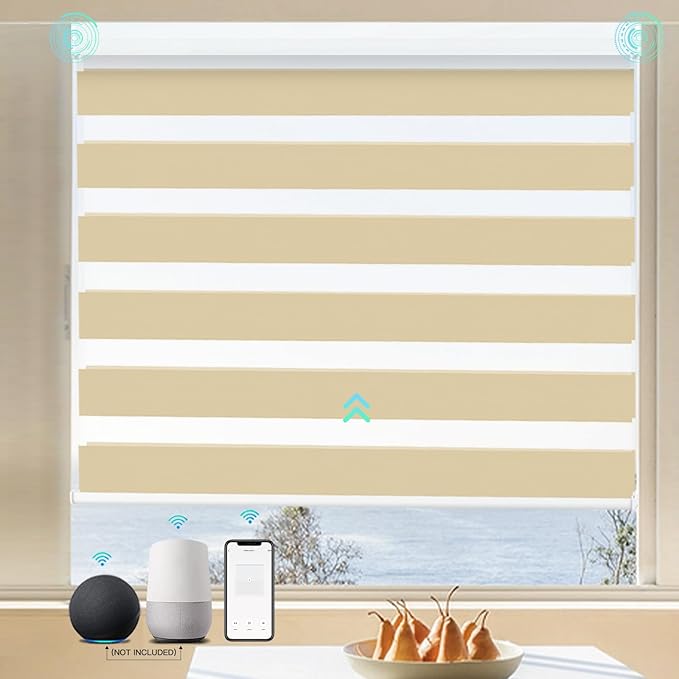 MING CHEN Motorized Blinds with Remote, Built-in Rechargeable Smart Blinds, Custom Size Electric Zebra Shades Compatible with Alexa Google (95% Shading Luxurious Champagne)