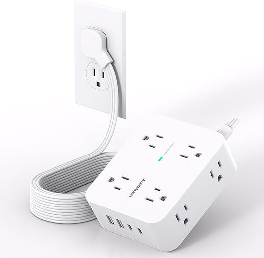 Extension Cord 10 Ft, Ultra Thin Flat Plug Power Strip Surge Protector with 8 Outlets 4 USB Ports (2 USB C), HANYCONY Outlet Extender Desk Charging Station for Home Office Dorm Room Essentials
