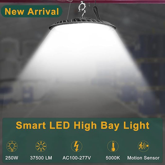 250W LED High Bay Light 37500lm Commercial Bay Lighting with Smart Controller Supports Normal Mode & Motion Sensor Mode(Energy Saving) AC100-277V UFO LED High Bay Shop Lights-8Pack