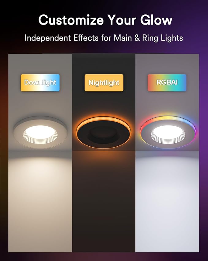 Smart Retrofit LED Recessed Lighting 6Inch, RGBAICW Can Lights, 4Pack | Wi-Fi Bluetooth Connect, Round White Option+Ring Color Lighting, Alexa/Tuya Control, Anti-Glare Baffle Trim, Fit for 6'' Can