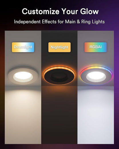 Smart Retrofit LED Recessed Lighting 6Inch, RGBAICW Can Lights, 4Pack | Wi-Fi Bluetooth Connect, Round White Option+Ring Color Lighting, Alexa/Tuya Control, Anti-Glare Baffle Trim, Fit for 6'' Can