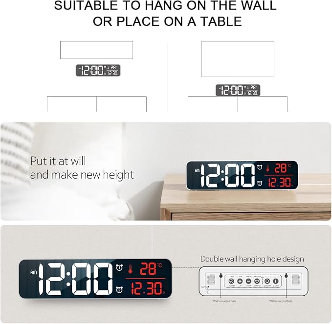 Abovsare Digital Clock for Bedroom, Clocks for Living Room Decor, Desk Table Clock, Alarm Clock Large Display with Date Week Temperature, Automatic Brightness Dimmer, Smart Cool Modern (Red)