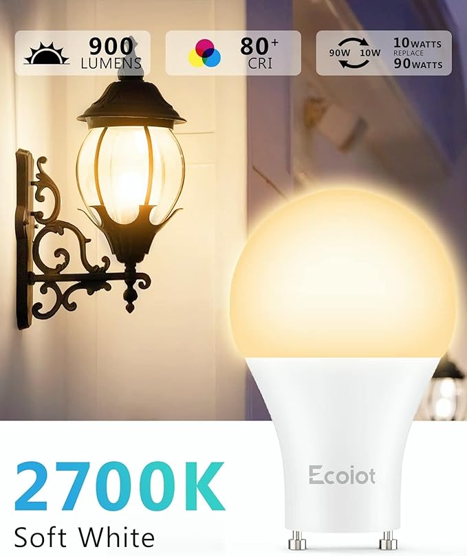 GU24 Dusk to Dawn Outdoor Light Bulbs,Light Sensor A19 LED Bulbs,Photocell Sensor, Automatic On/Off for Indoor/Outdoor Security Lighting,10Watt(90Watt Equivalent),2700K Soft White,4 Pack
