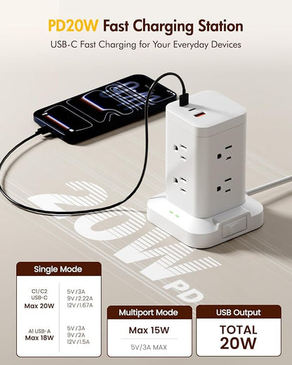 2Pack Power Strip Tower with Surge Protector 1800J, Fast Charging Tower PD20W USB-C Ports with 8 AC Outlets, 10ft Extension Cord for Home Office Dorm Room, White