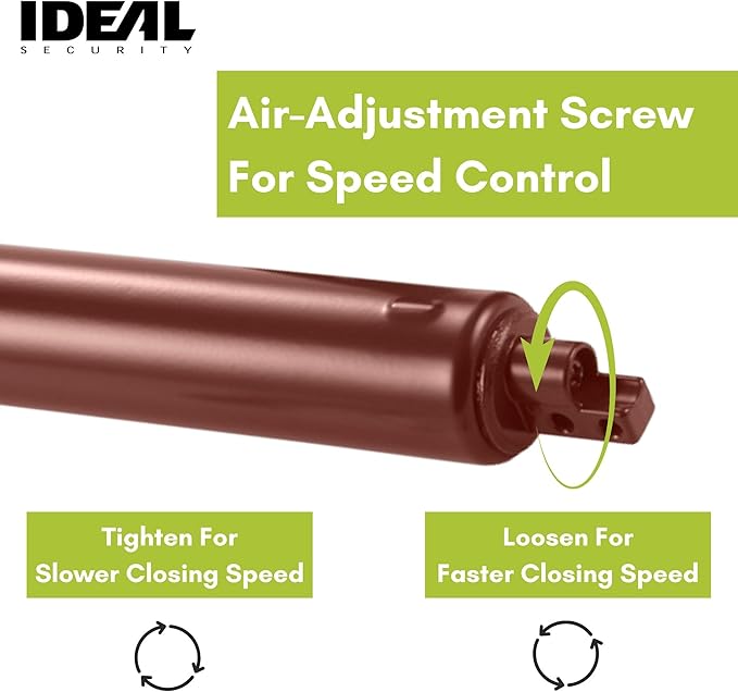 Ideal Security Model 9 Standard Duty Pneumatic Storm and Screen Door Closer, 10.5" L x 1.25" W x 1.25" H, Adjustable Speed, Smooth Closing for Lightweight to Medium Doors, Easy Install, Brown