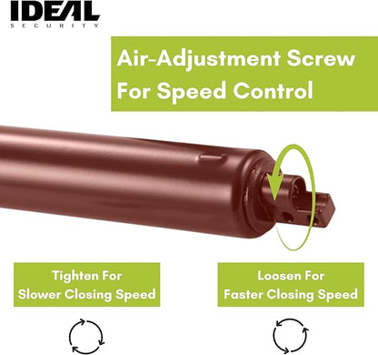 Ideal Security Model 9 Standard Duty Pneumatic Storm and Screen Door Closer, 10.5" L x 1.25" W x 1.25" H, Adjustable Speed, Smooth Closing for Lightweight to Medium Doors, Easy Install, Brown