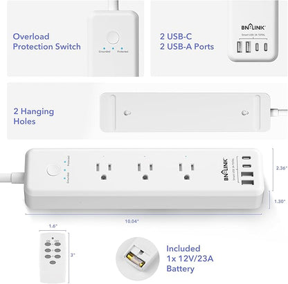 BN-LINK Remote Control Power Strip with 3 Independent Outlets，4 USBs (incl. 20W USB-C), 3.9Ft Extension Cord, 15A/1875W Overload Protection, Wall Mount, for Home, Office, ETL Listed, 1200J
