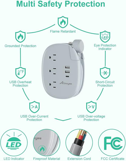 Alitayee USB C Portable Travel Power Strip with 3 Outlets 3 USB Ports Fast Charge, USB Extendable Outlet Extender with Flat Plug and 3ft Wrapped Around Extension Cord for Cruise Travel Home Office
