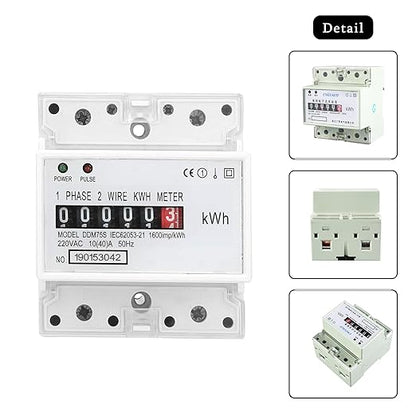 Electric Meter, Single Phase 4P LED DIN-Rail Electricity Power Consumption Wattmeter Energy Meter DDM75S 10 to 40A Digital Display