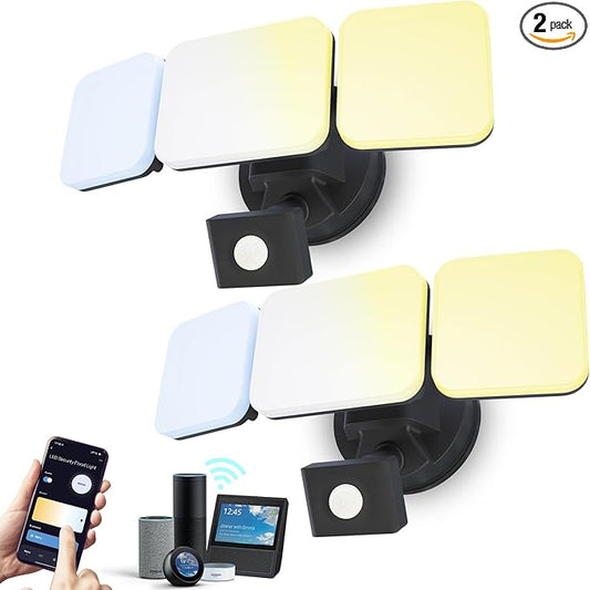 EMANER Smart Security Light Motion Sensor, Compatible with Alexa/Google Home, 2800LM Warm White to Daylight White Brightness Adjust, App Controlled WiFi Flood Light (Black, 2-Pack)