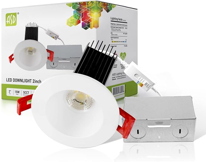 ASD 2 Inch LED Recessed Lighting with Junction Box, 15W 1100 Lumens, Dimmable Anti-Glare Downlight, 2700K/3000K/3500K/4000K/5000K Selectable, CRI 90+, Round White Trim, IC Rated, ETL, Energy Star