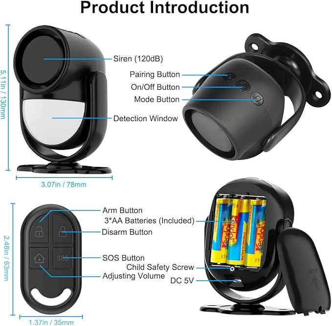125dB WiFi PIR Motion Sensor Alarm Indoor, with Wireless DIY Smart Door/Window Alarm for Home Security with Phone APP Alert 4 Pieces-Kit, for Driveway, Shed, Home, Van, Shop
