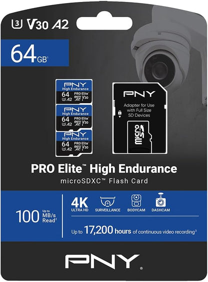 PNY 64GB PRO Elite™ High Endurance C10 U3 V30 A2 microSDXC – Up to 17.2K Continuous Recording Hours, Up to 100MB/s Read, 4K UHD, Full HD, UHS-I, Surveillance, Home Security, Dash Cam, 3-Pack