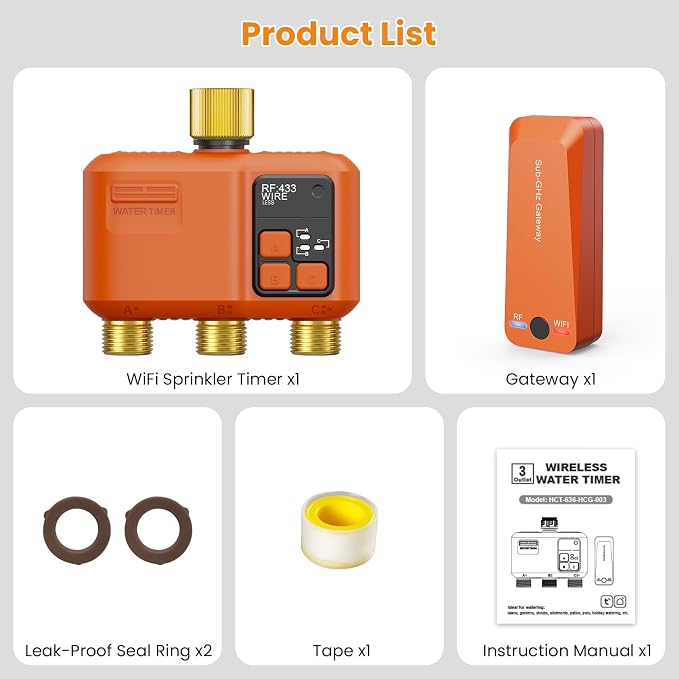 WiFi Sprinkler Timer 3 Zone, Smart Water Timer with Brass Inlet & Outlet