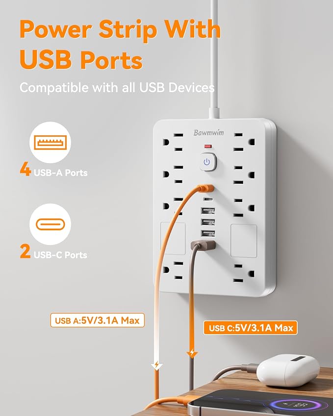 Surge Protector Power Strip - 8 Outlets(1850W/15A/14AWG) with 6 USB Ports（2 USB C, 6FT Flat Plug Extension Cord, Wall Mount Multi Plug Outlet Extender, ETL Listed for Home, Dorm Room, White
