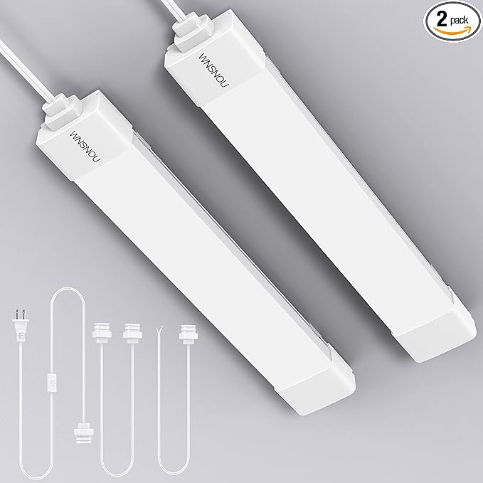 WNSNOU LED Tube Light Fixture with Plug, 1.4FT-2pcs 1800LM 5000K Utility Shop Light, Linkable Cabinet Light for Garage, Kitchen, Bathroom, Closet, Office - 1.4Ft, Triproof, White