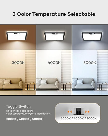 Annaror 12in Motion Sensor Ceiling Light Wired, 3000K 4000K 5000K Selectable, 24W Flush Mount Square Motion Ceiling Light with 3 Timer for Closet Porch Stairs Hallway, Black