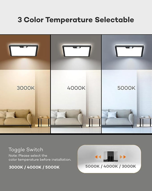 Annaror 12in Motion Sensor Ceiling Light Wired, 3000K 4000K 5000K Selectable, 24W Flush Mount Square Motion Ceiling Light with 3 Timer for Closet Porch Stairs Hallway, Black