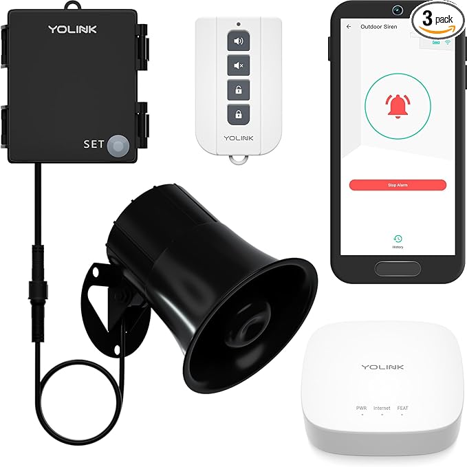 YoLink Hub, Outdoor Security Siren & Smart Alarm Controller and SirenFob Kit - Loud 110 dB, Wireless, Battery-Powered, 1/4 Mile Range, Android-iOS App, Alexa, Google, IFTTT, Home Assistant