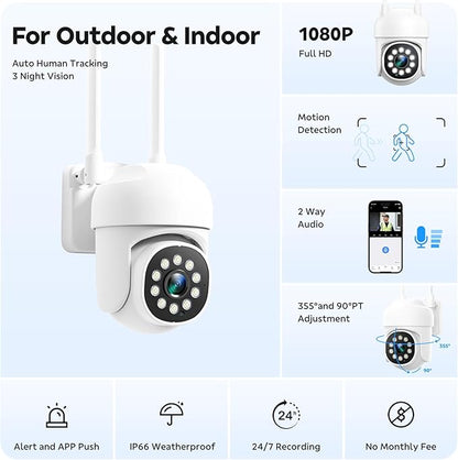 CAMCAMP Outdoor Security Camera Wireless Cameras for Home Security, 2K 360° View Pan/Tilt, Auto Human Tracking, 2.4G& 5G WiFi, Three Night Vision, Two-Way Talk, Indoor, IP66, Support SD Storage (1, W)