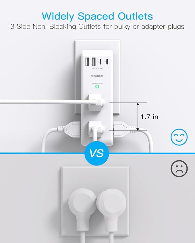 PD 30W Surge Protector Outlet Extender with Rotating Plug, USB Wall Outlet