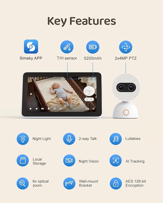 Simsky Smart Baby Monitor with 2×4MP Camera, 6X Optical Quality Zoom, 32GB Local Storage, AI Tracking, Intelligence Detection, Pan-Tilt-Zoom, Add-on Camera Monitor