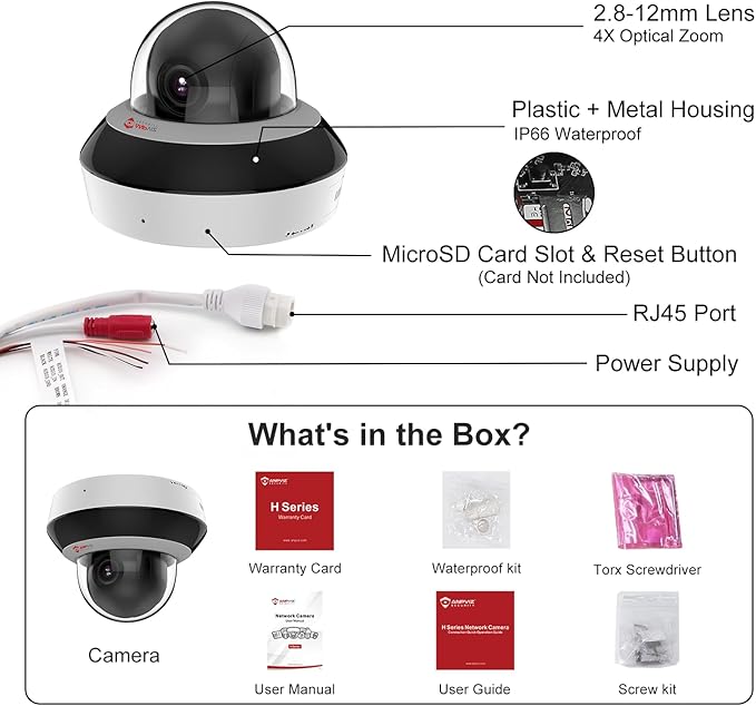 Anpviz 4MP PoE PTZ IP Camera, 4X Optical Zoom, Perimeter Protection, Human Vehicle Detection, 4MP@30fps, Dome Wired Security Camera with Audio, 350° Pan 90° Tilt, Card Slot, WDR, PTZIP204WX4IR-SU