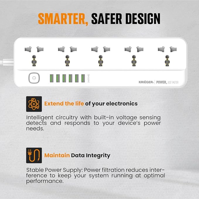 K KRIËGER Universal Power Strip Surge Protector, 5 Outlets, 6 USB Ports, Child Saftey Latch, On/Off Power Button, 2M Extension Cord, Flat Plug for Charging Home, Office & Travel Accessories -Type E/F