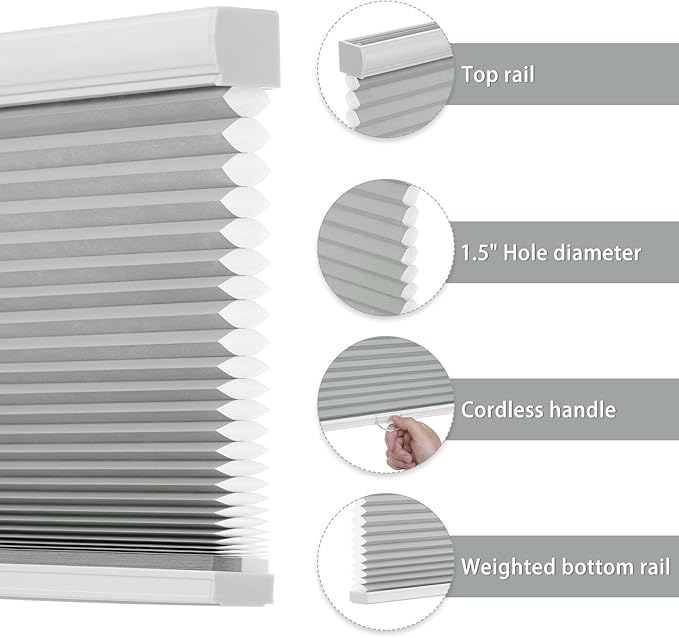 Changshade Cordless Cellular Shades Light Filtering Custom Size, Honeycomb Door Indoor Window Blinds 1.5 inch Cell Easy Install for Home, Office, Living Room, Bedroom, Bathroom, Nursey, Grey
