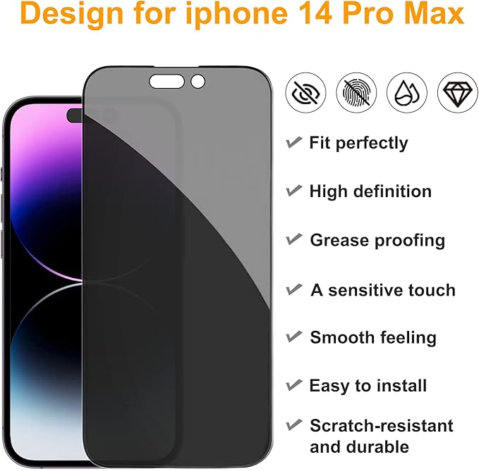 PEHAEL 2+2 Pack for iPhone 14 Pro Max Privacy Screen Protector with Camera Lens Protector Full Coverage Anti-Spy Tempered Glass Film 9H Hardness Easy Installation Bubble Free [6.7 inch]