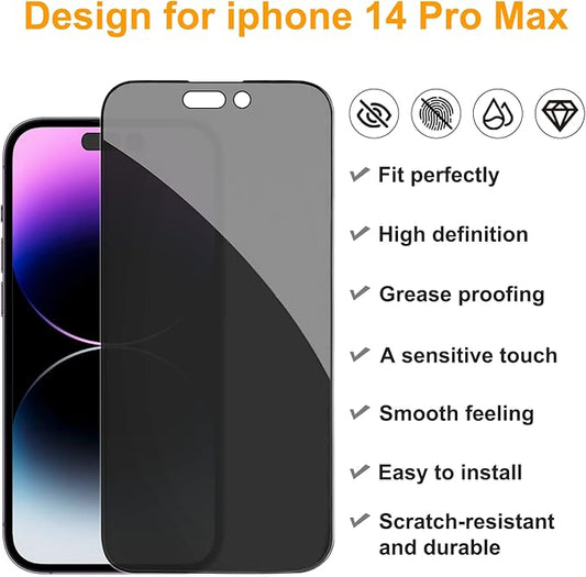 PEHAEL 2+2 Pack for iPhone 14 Pro Max Privacy Screen Protector with Camera Lens Protector Full Coverage Anti-Spy Tempered Glass Film 9H Hardness Easy Installation Bubble Free [6.7 inch]