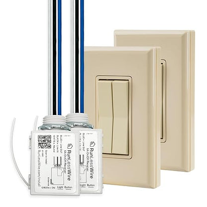RunLessWire 3-Way Fan & Light Battery-Free DIY Kinetic Wireless Light Switch Kit for Bathrooms & Ceiling Fans: 2 Dual Remote Switches, Both Control 2 5A On/Off Receivers Separately Light Almond