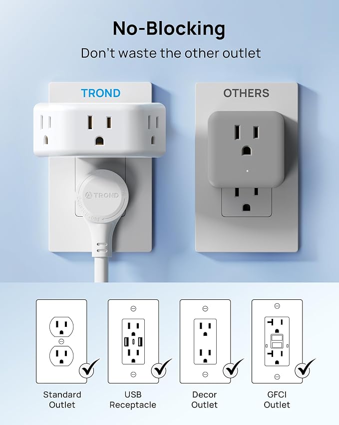 TROND 360 Rotating Plug Outlet Extender for Bathroom, 2 Pack | 3AC Wall Outlet Adapter, No Blocking with 3 Way Angled Design, Small Multiple Plug Splitter for Kitchen Cruise Ship, White