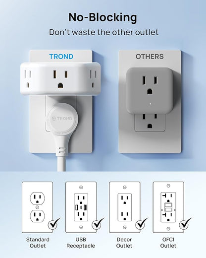TROND Outlet Extender with 360 Rotating Plug for Bathroom Kitchen | 3AC Outlet Adapter, No Blocking with 3 Way Angled Design, Cruise Essentials, Easy to Pack for Travel, White