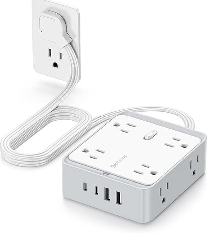 Surge Protector Power Strip, REALMADE 8 AC 4 UAB Power Strip with 950J Surge Protection, Flat Plug Outlet Extender, 10Ft Extension Cord, Wall Mount Desk Charging for Home Office， White & Gray