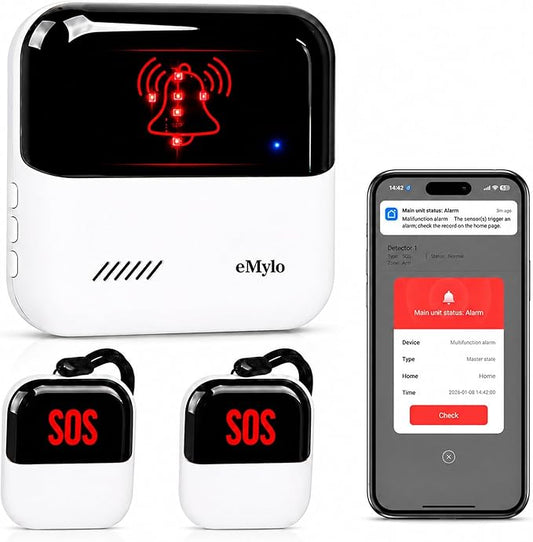 WiFi Caregiver Pager System, SOS Call Button for Elderly at Home, No Monthly Fee Emergency Alert Button with App Notifications, 2 Panic Buttons&1 Receiver, 426ft Range for Seniors, Patients, Disabled