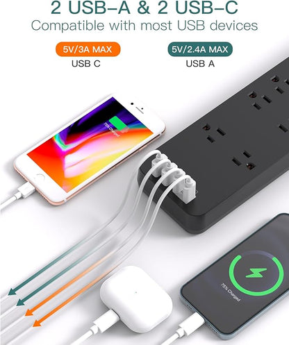 Addtam Power Strips with Surge Protection, 6FT Extension Cord with Multiple Outlets, Surge Protector Power Strip with 10 Outlets and 4 USB Ports(2 USB C), Flat Plug, 2700J, Black