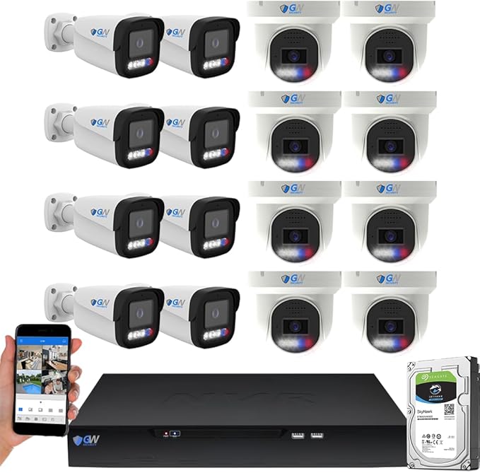 GW Security NDAA & TAA Business Quality Professional 12MP NVR 16 Channel Security Camera System, Face Recognition & LPR, 2 Way Audio, 16x 4K 8MP Full-Time Color PoE IP Cameras, 16CH Commercial NVR 4TB