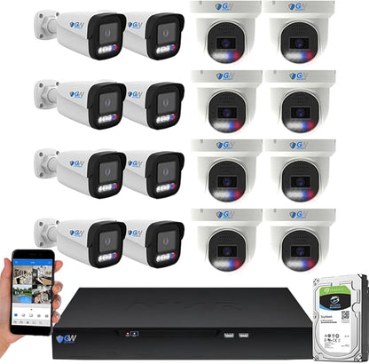 GW Security NDAA & TAA Business Quality Professional 12MP NVR 16 Channel Security Camera System, Face Recognition & LPR, 2 Way Audio, 16x 4K 8MP Full-Time Color PoE IP Cameras, 16CH Commercial NVR 4TB
