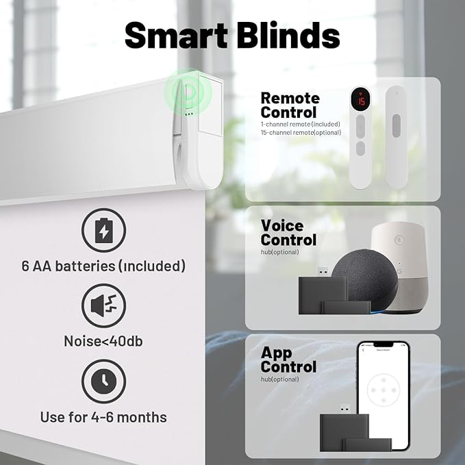 Motorized Blinds with Remote, Blackout No Drill Cordless Smart Roller Shades, Automatic Blinds for Windows, White,32" W x 72" H