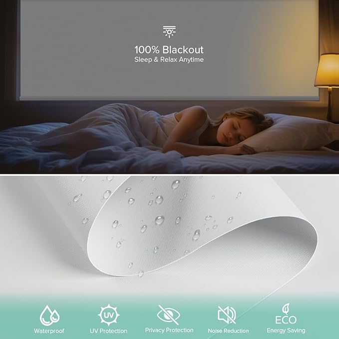 Motorized Roller Shades, 10O% Blackout Waterproof Remote Control Custom Window Shades Work with Alexa Google Assistant via RF Hub, Rechargeable Electric Blinds for Windows (Vinyl White)