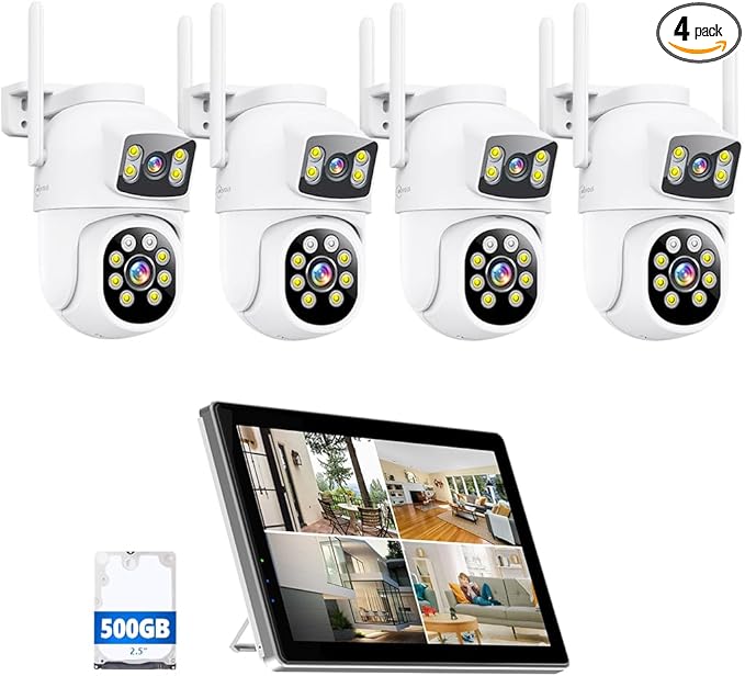 MOVOLS Wireless Security Camera System 5G/2.4G WiFi 4pcs 4MP+4MP Dual Lens Camera with 10" LCD Monitor Screen NVR System,2K HD PTZ Cameras with Color Night Version, Motion Detection,500GB HDD,10CH