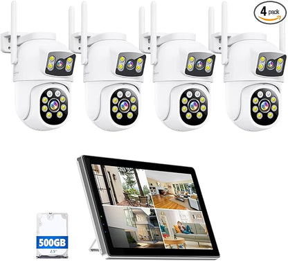 MOVOLS Wireless Security Camera System 5G/2.4G WiFi 4pcs 4MP+4MP Dual Lens Camera with 10" LCD Monitor Screen NVR System,2K HD PTZ Cameras with Color Night Version, Motion Detection,500GB HDD,10CH