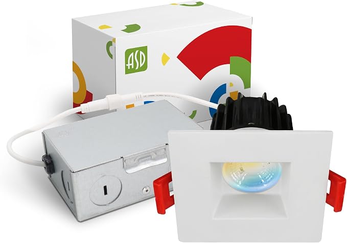 ASD 2 Inch LED Recessed Lighting with Junction Box, 8W 600 Lumens, Dimmable Anti-Glare Downlight, 2700K/3000K/3500K/4000K/5000K Selectable, CRI 90+, Square White Trim, IC Rated, ETL, Energy Star