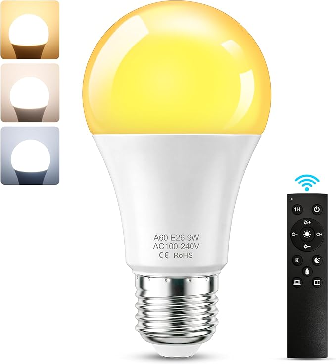 SCNNC LED Remote Control Light Bulbs, 700LM 9W, 60 Watt Equivalent, 3000K-6500K Stepless Dimmable Warm Light Bulbs, E26/E27 Base,100V-240V AC, CRI 80+, 30000+ Hours Lifespan (1 Remote, 1 Bulb)