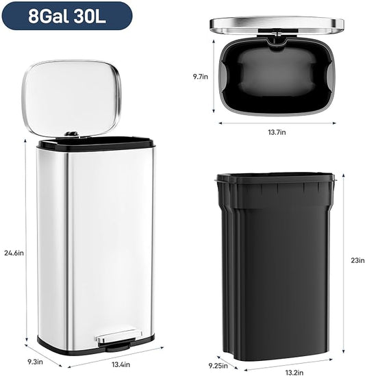 Arlopu 8 Gallon Step Trash Can, Stainless Steel Garbage Bin, Soft-Close Rubbish Bin with Removable Plastic Inner Bucket, Fingerprint-Proof, Lid Dustbin, Suit for Kitchen Home (Silver, 30L)